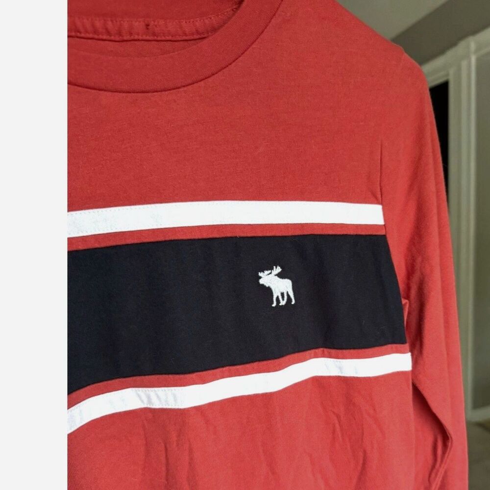 Abercrombie Kids Boys 11/12 Long Sleeve Shirt Rust Navy Striped Moose Logo